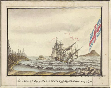 Sirius wreck on the reef at Norfolk Island 1790 NLA