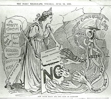 Anti Federation cartoon 1899, 'New South Wales and her duty to restrict', The Daily Telegraph June 20 1899. SLNSW