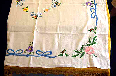 Tablecloth embroidered on white hemstitched linen made for Cath's trousseau by her cousin, Marietta Oliva. Typical of Plati and district. Photograph Peter Kabaila