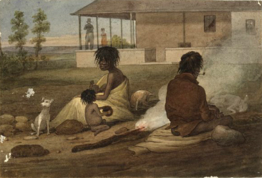 Aboriginal people camping at Glenfield House c.1826. Courtesy National Library of Australia
