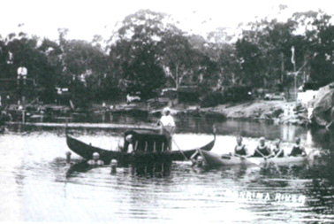 <em>Störtebeker</em> on the Berrima River c.1914- 18. The <em>Attila</em> is dressed as a gondola beside her. 