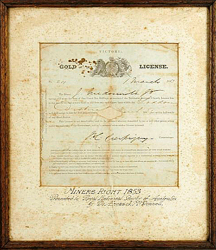 Licence for gold mining 1853. Photograph courtesy of the Powerhouse Museum