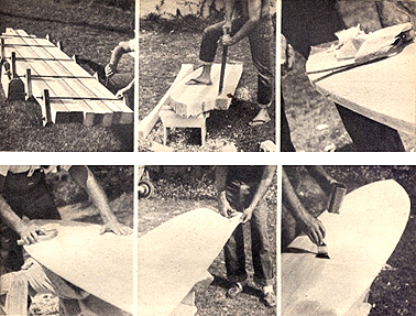 Stages of making a balsa wood Malibu surfboard as demonstrated by Matt Kivlin c.1958, photograph courtesy of surfresearch.com