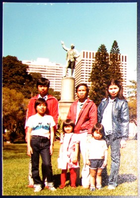 Their first year in Australia: Theau with his wife, children and nephews, The Domain, Sydney, winter 1983