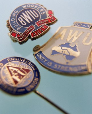 Australian Workers Union and Building Workers Industrial Union badges of G Smith c.1962-3.