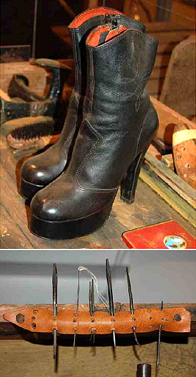 Women's boot work sample made in 1951 and detail of tools (steel needles).