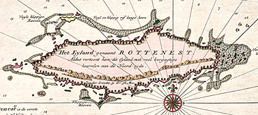 Map of Rottenest Island made by Samuel Volckersen, master of the Wakende Boei, during the search for the 'Vergulde Draeck', 1658. Courtesy of the Western Australian Maritime Museum. 