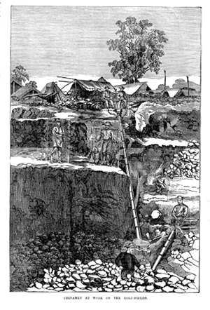 Chinamen at work on the goldfrields. This engraving shows several Chinese gold diggers in coolie hats working in layered excavations. There is a long flume and possibly a sluice box centre and right of the image. The scene is at the Mount Alexander gold diggings near Castlemaine. The Australian news for home readers, August 25, 1863. SLVIC
