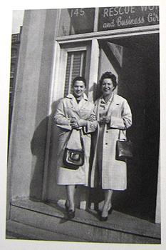 (L-R) Franca Arena and Mitty Maturi, outside the Methodist girls' hostel, Surry Hills, Sydney, 1959