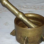"The pestle is about 18 cm long and mortar about 14 cm diameter. They were brought to Australia by my mother on our migration journey. We thought there were no Egyptian utensils in Australia."