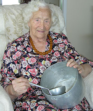 Amelia Brinkis with her saucepan and ladle