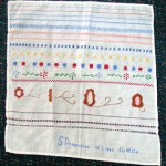 "I made my first embroidery sampler in 1945 at school in El-Arish, a Displaced Persons' camp. I used a men’s handkerchief because we had no other material. I learnt to embroider from my mother, who could embroider with great skill."