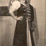 "The Hungarian national costume belonged to my mother's sister Ilona who is in the photo. The bag is made of black velvet with gold piping. The blouse and underskirt are made of fine cotton-lace. The significance is that it goes back to the good times such as the ladies' marches on Hungarian National Day. My granddaughter, Joanna, has also worn the same outfit."