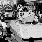 The Continental Music Float carrying the reigning 'Music Queen', Marisa Bulzomi in the second Waterwheel Festival procession along Banna Avenue, Griffith, NSW 1957 Courtesy of the Ceccato family