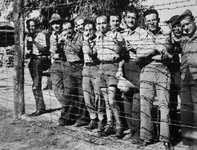 Italian POWS behind the wire perimeter fence at Holsworthy. Courtesy of Australian War Memorial, Neg No 123706