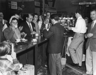 The founders of Vittoria Coffee, Orazio and Carmelo Cantarella at a trade show in Sydney, NSW in the late 1950s. Courtesy of Vittoria Coffee