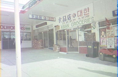 An Asian grocery store and other shops near the entrance to Woolworths at 68 Aevaline Street, Campsie. C.1991