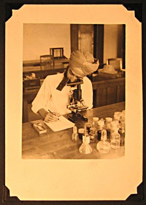 Sardool studying for his Masters degree, Zoology Department laboratory, University of Sydney, Australia, c. mid-1950s