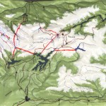 The red lines show the course of the tunnels linking the dams, lakes and the power stations of the two arms of the scheme.