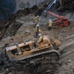 This involved work at one of the 'hairiest' places of the Scheme. The mountainside was so steep 'the dozers looked like flies from the other side'. Courtesy National Library of Australia.