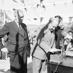 Prime Minister Ben Chifley and Governor- General McKell launched the Snowy Mountains Hydro-Electric Scheme with a blast. 17th October 1949. The scheme was a partnership between New South Wales, Victoria and the Commonwealth governments. Courtesy National Archives of Australia.