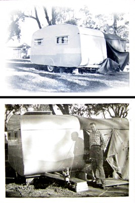 Gyõrgy with the family caravan and tent, Stuart Park, North Wollongong, Australia, c. 1960