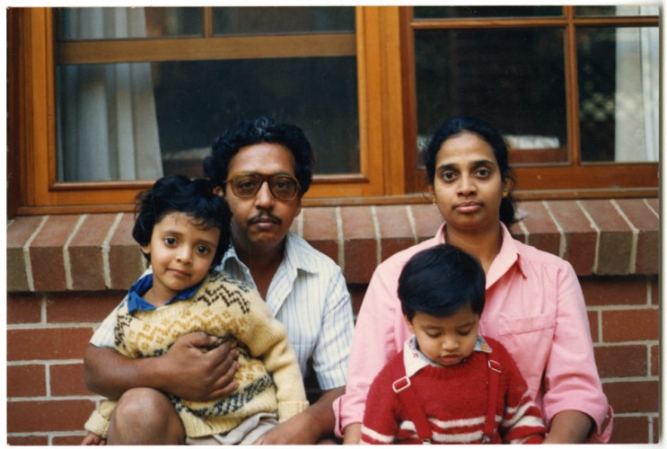 Padma with her husband and two oldest children outside their first home in Albury, 1989.