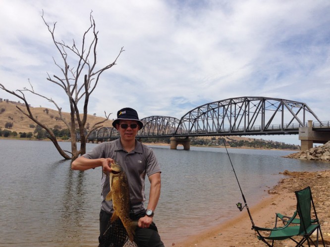 Jake fishing at Bethanga Bridge, Lake Hume in December 2012